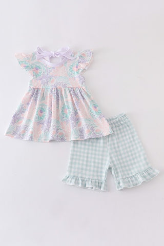 Floral print ruffle plaid girl set