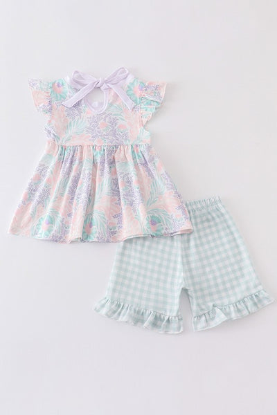 Floral print ruffle plaid girl set