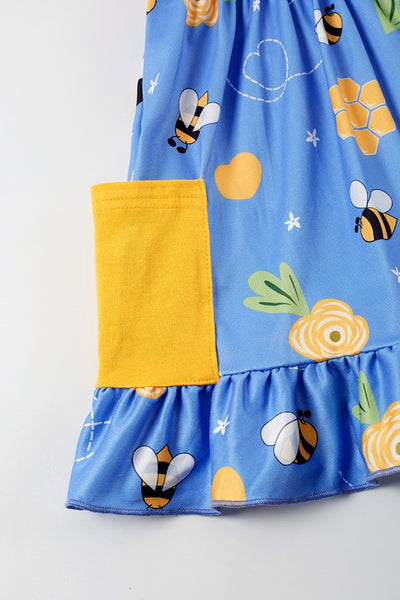 Blue bee print ruffle pocket dress