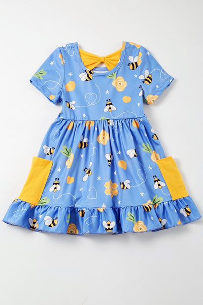 Blue bee print ruffle pocket dress