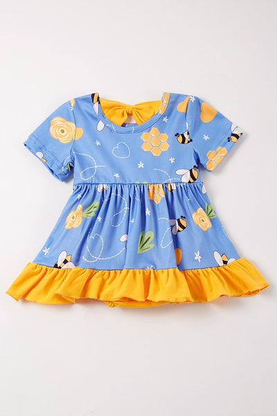 Blue bee print ruffle dress romper