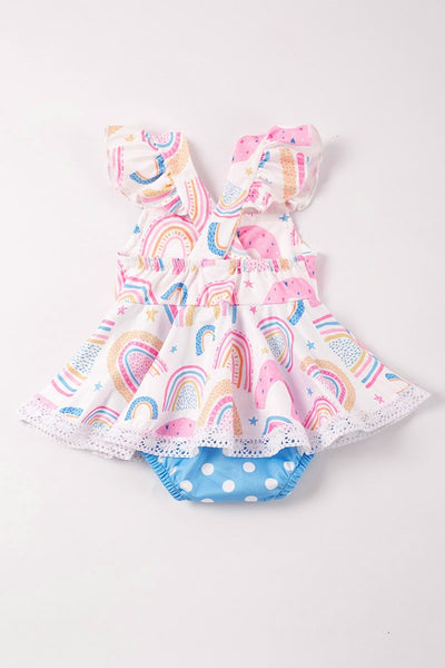 Rainbow print ruffle baby romper