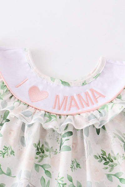 Floral I love MAMA embroidery scallop pocket dress