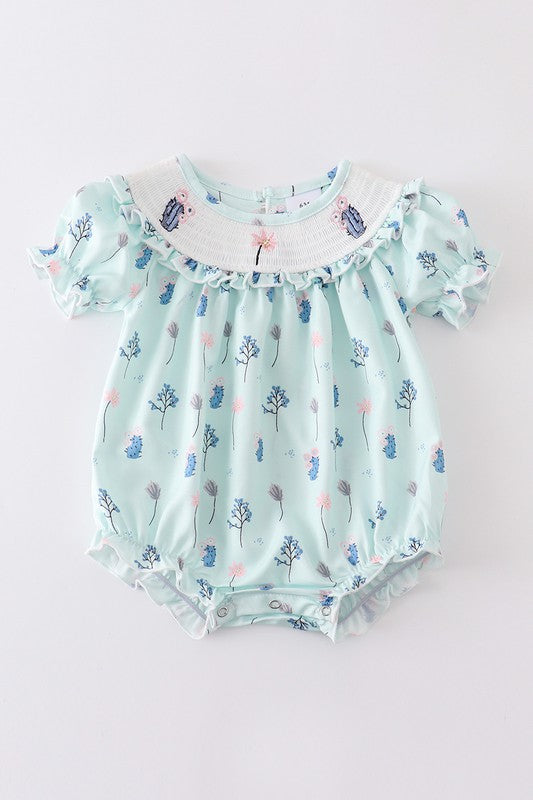 Mint cactus smocked baby romper