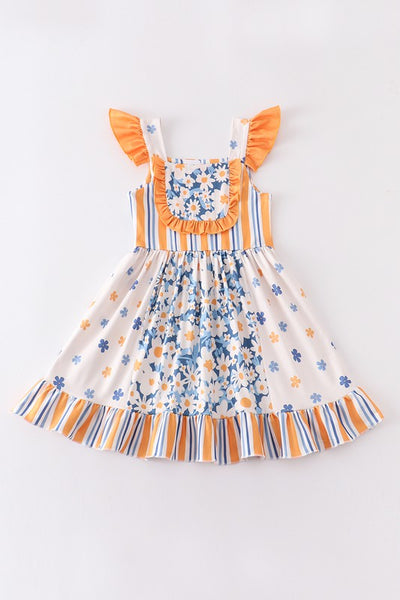 Orange floral print ruffle dress