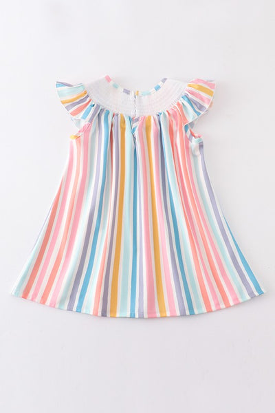 Multicolored stripe orange peach smocked dress