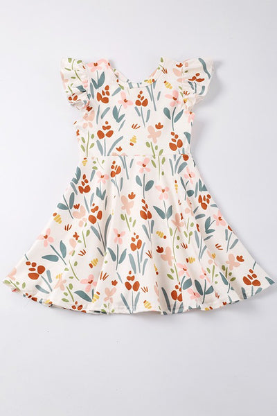 Beige floral print ruffle dress