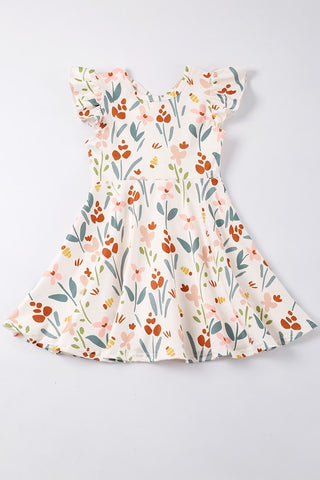 Beige floral print ruffle dress