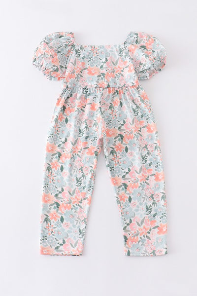 Green floral print ruffle girl jumpsuit