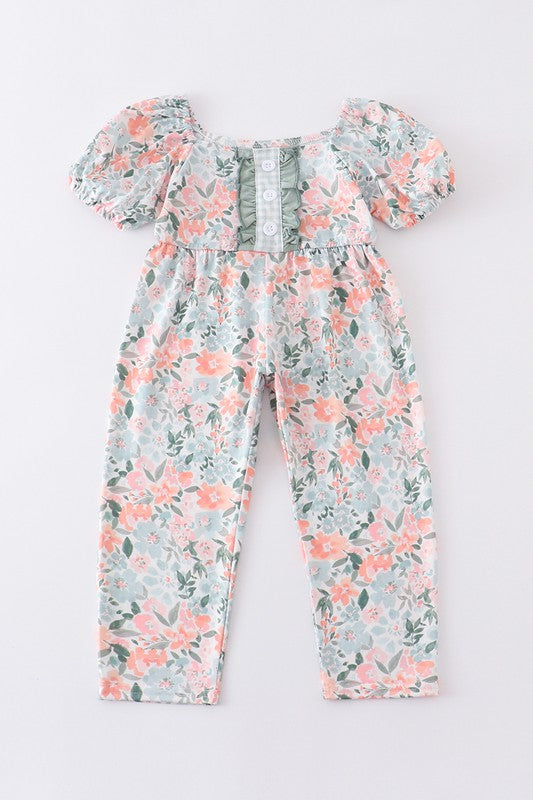 Green floral print ruffle girl jumpsuit