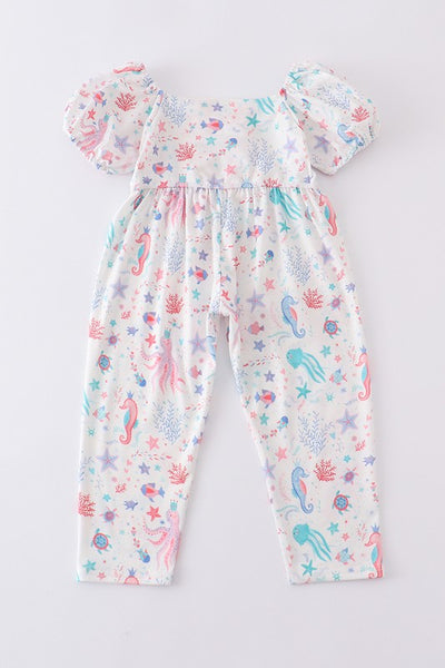 Marine creature print ruffle girl jumpsuit