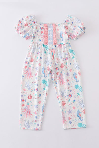 Marine creature print ruffle girl jumpsuit