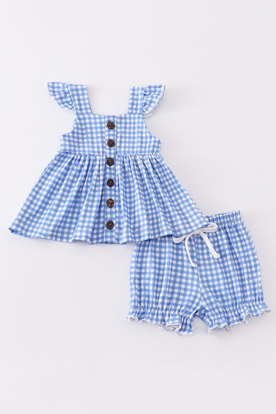 Blue plaid buttons ruffle baby set