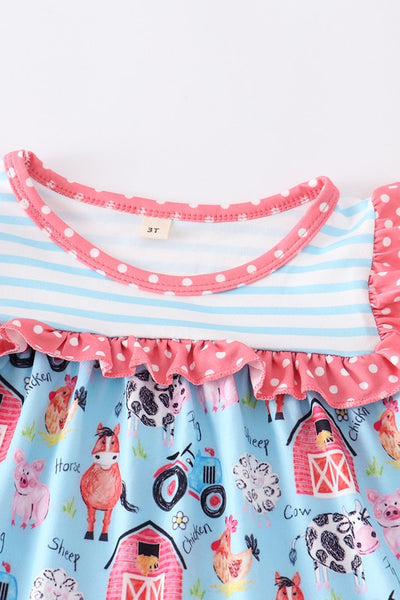 Blue farm print stripe ruffle girl set