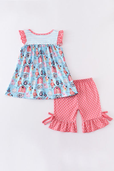 Blue farm print stripe ruffle girl set