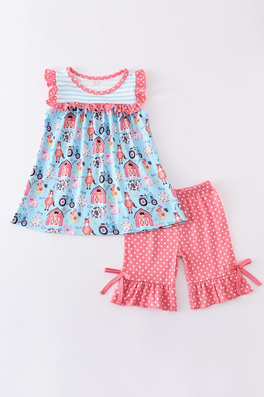 Blue farm print stripe ruffle girl set