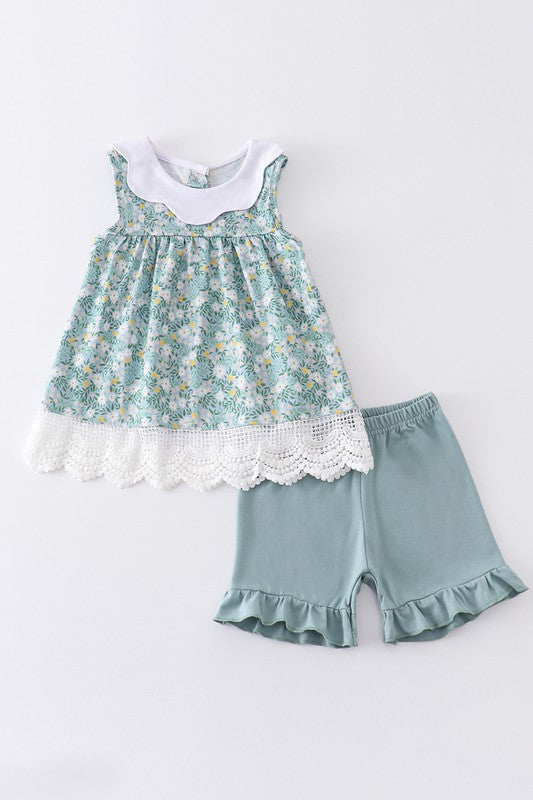 Green floral print ruffle girl set