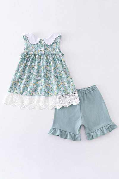 Green floral print ruffle girl set