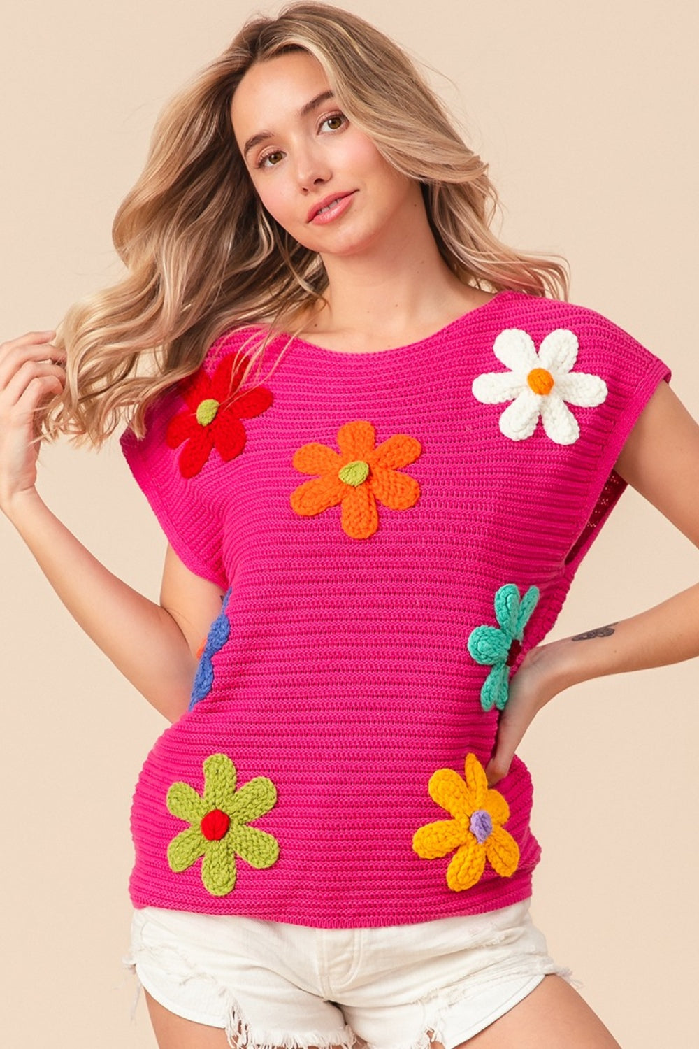 BiBi Flower Round Neck Cap Sleeve Knit Top