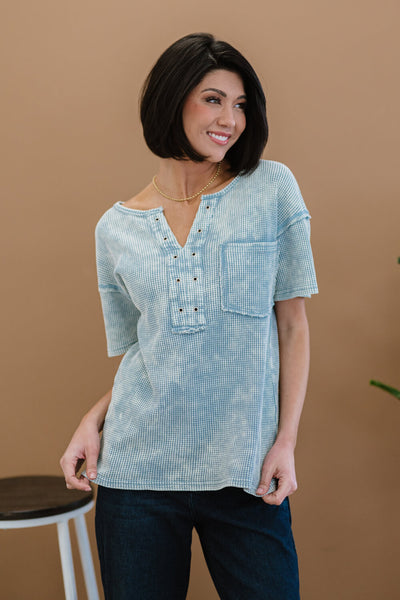 BiBi Something New Thermal Knit Top in Denim