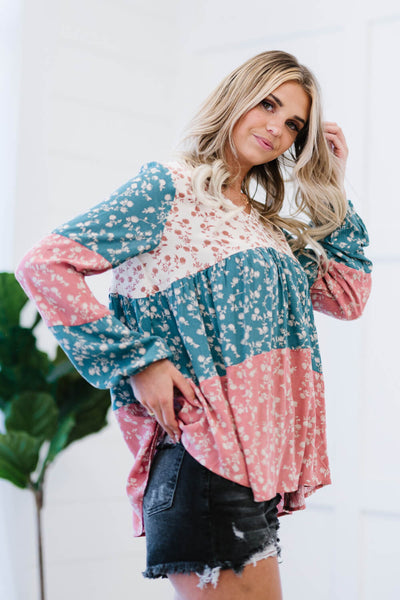 ODDI Full Size Contrast Floral Babydoll Blouse