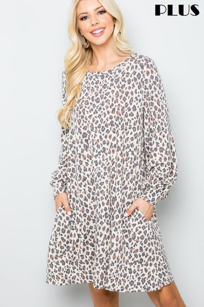 Plus Size Animal Print Balloon Sleeve Dress