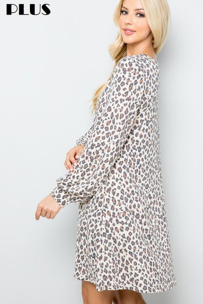 Plus Size Animal Print Balloon Sleeve Dress