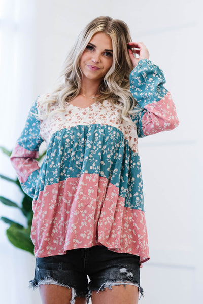 ODDI Full Size Contrast Floral Babydoll Blouse