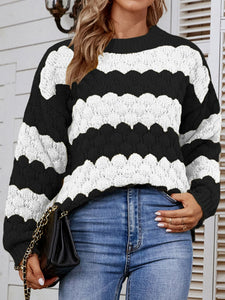 Striped Ribbed Trim Dropped Shoulder Sweater