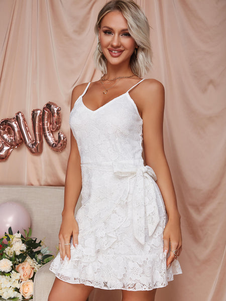 Lace Tie Waist Ruffle Hem Dress