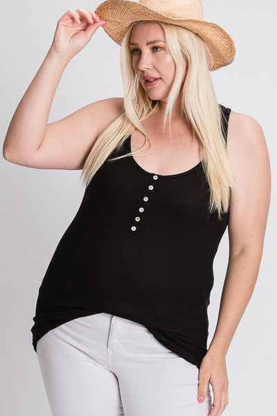 Button Ribbed Tank Top in Black