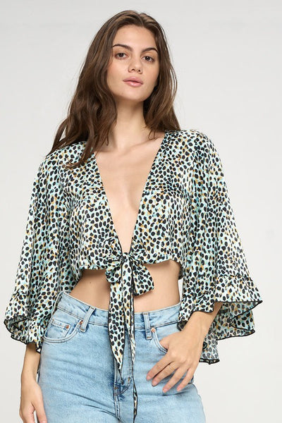 Crop cardigan with tie front ruffle sleeve leopard