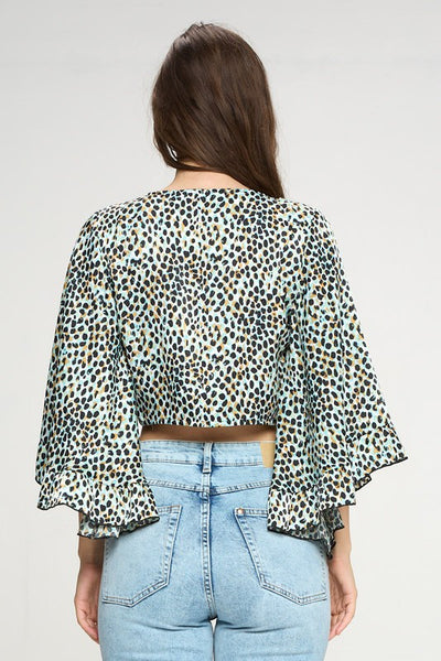 Crop cardigan with tie front ruffle sleeve leopard