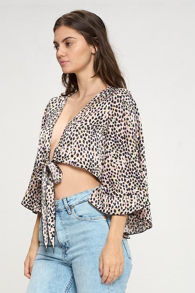 Crop cardigan with tie front ruffle sleeve leopard