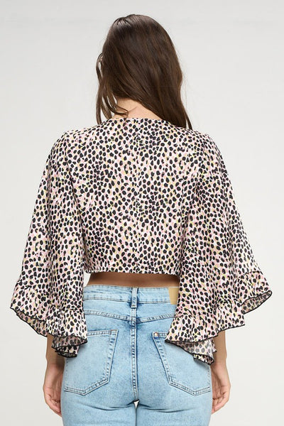 Crop cardigan with tie front ruffle sleeve leopard