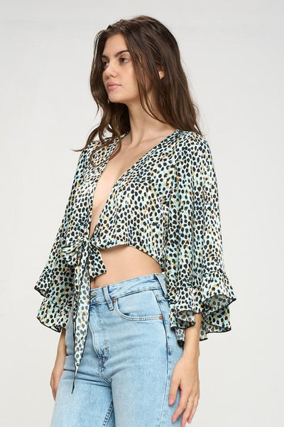 Crop cardigan with tie front ruffle sleeve leopard