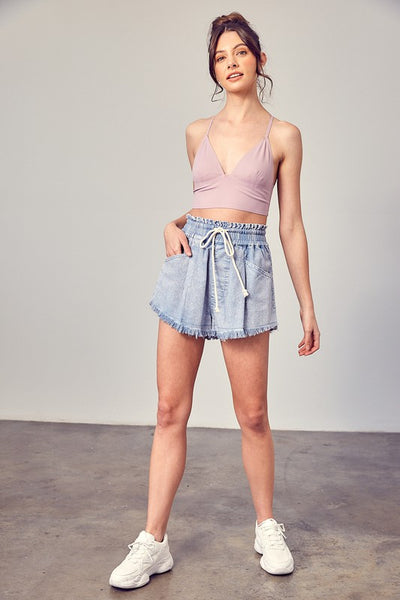 WIDE WAIST BAND DESTROYED FRAYED DENIM SHORTS