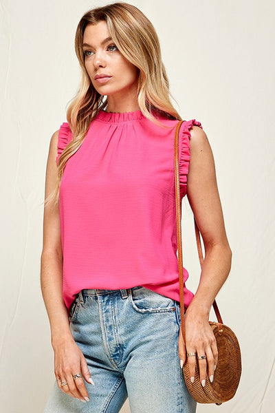 SOLID MOCK NECK WITH RUFFLE SLEEVELESS TOP