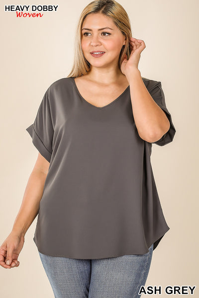 Plus Size Woven Dobby Rolled Sleeve V-Neck Top In Black.