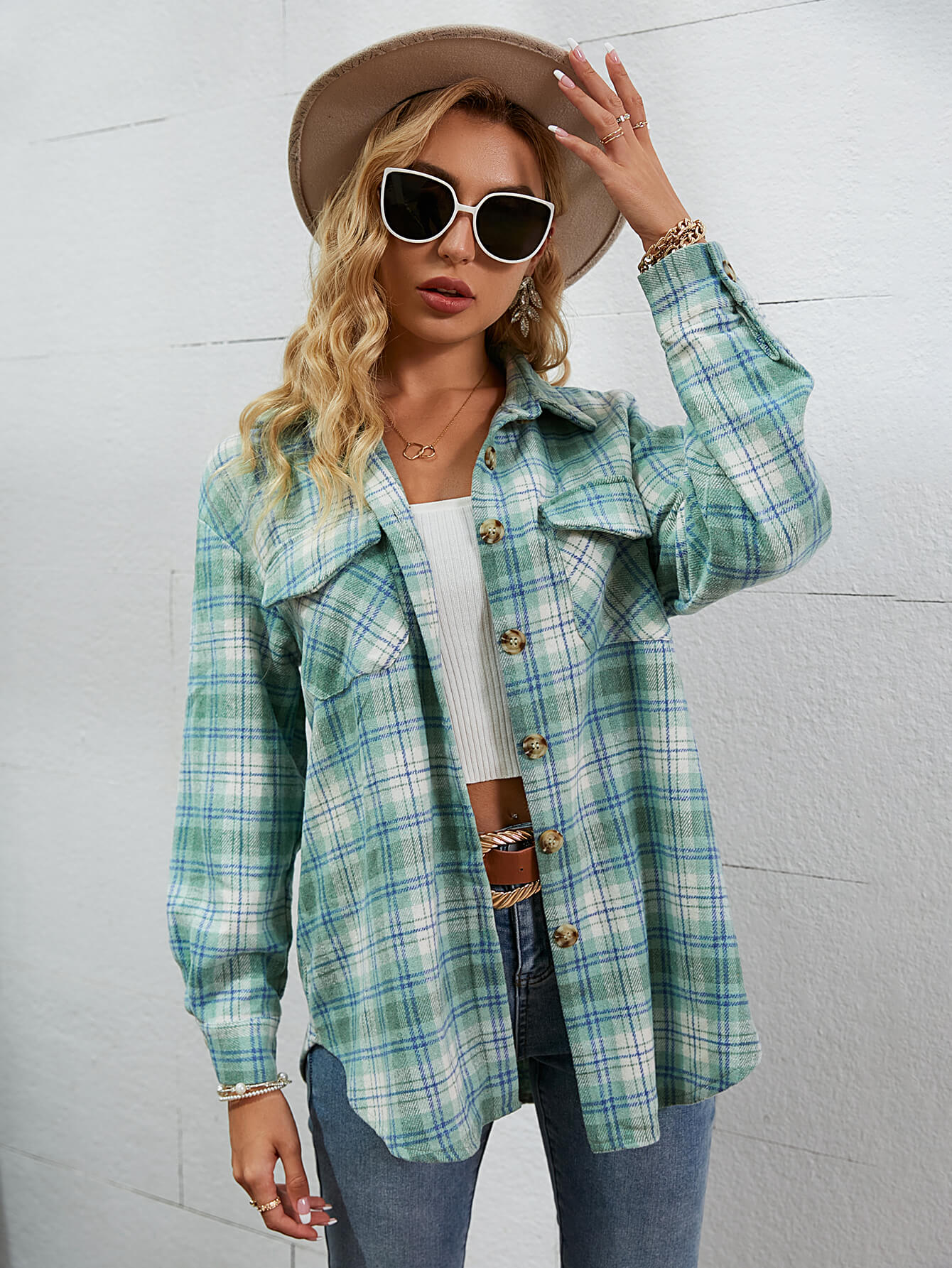 Plaid Button Front Dropped Shoulder Shirt Jacket