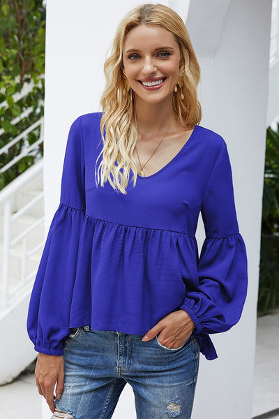 Scoop Neck Loose Peplum Solid Top Royal Blue