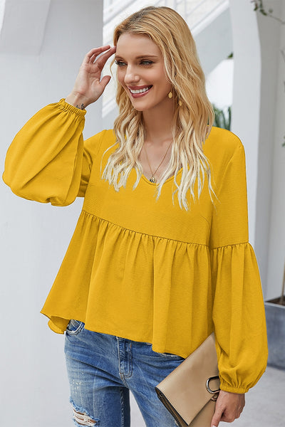 Scoop Neck Loose Peplum Solid Top Mustard