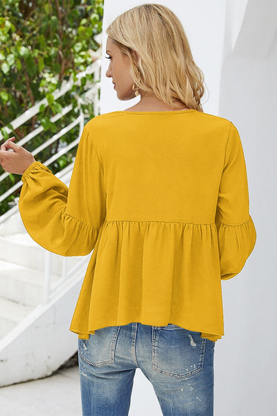 Scoop Neck Loose Peplum Solid Top Mustard