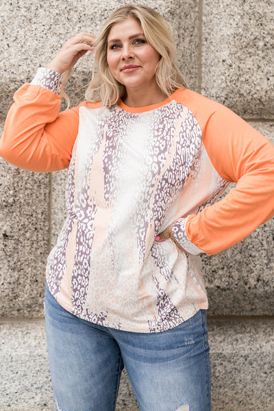 Plus Size Animal Print Contrast Raglan Sleeve Top