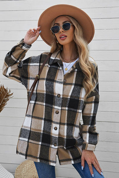 Plaid Dropped Shoulder Pocketed Shirt Jacket