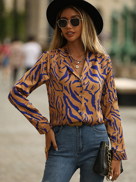 Animal Print Lapel Collar Satin Shirt