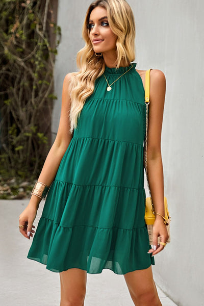 Tie Back Ruffle Collar Tiered Dress