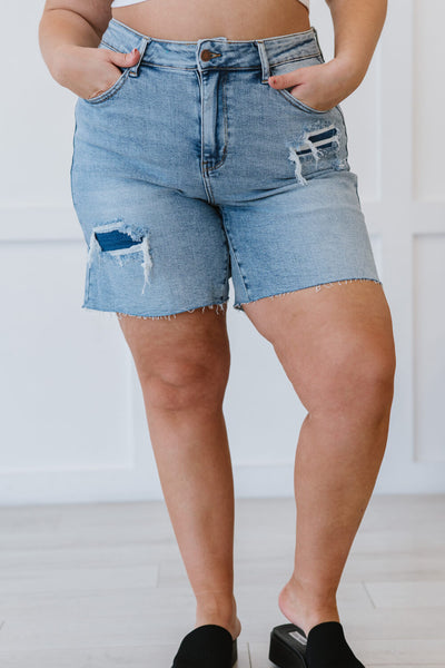 Judy Blue Hallie Full Size Mid-Length Denim Patch Shorts