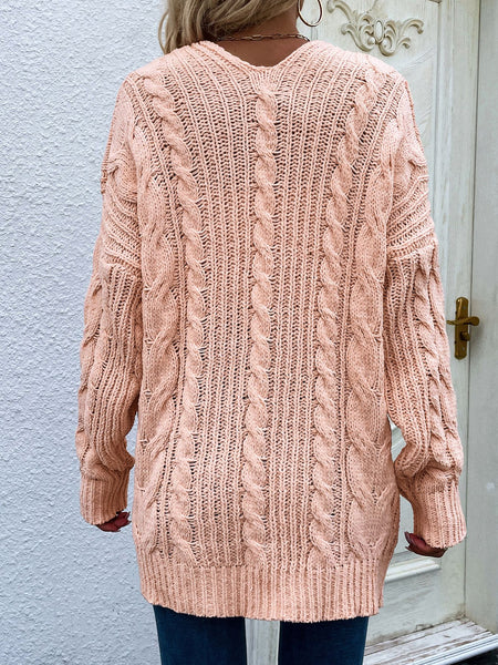 Cable-Knit Open Front Cardigan with Front Pockets