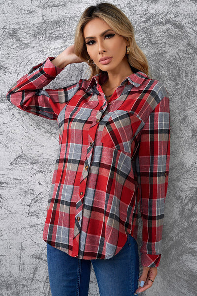 Plaid Button Front Curved Hem Shirt